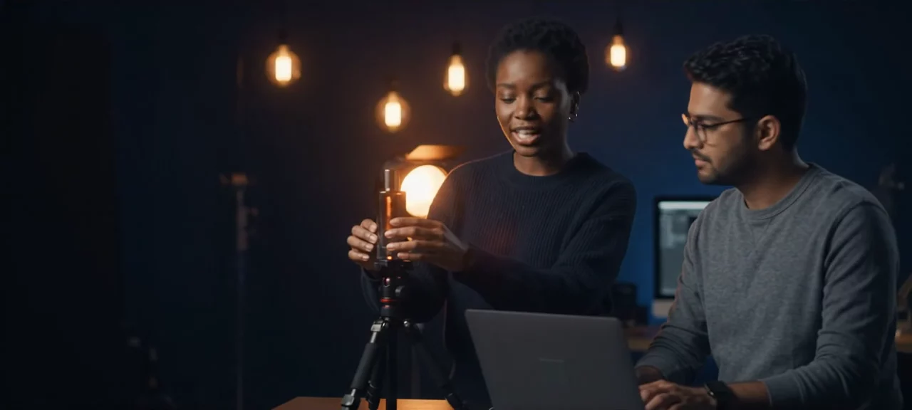 A content creator filming a product with a colleague